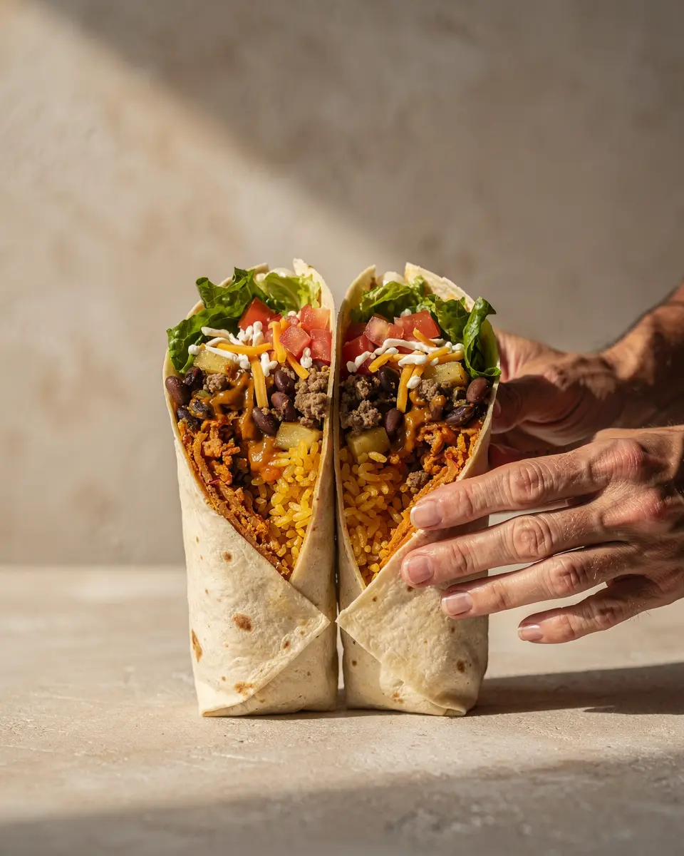 A burrito split open, rice, beans, and salsa visible