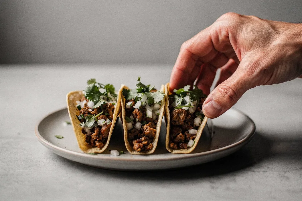 Three tacos with seasoned meat, onion, and cilantro